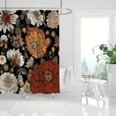 Vibrant floral shower curtain with bold black background, perfect for modern bathroom decor, featuring large orange, beige, and white flowers with intricate details.