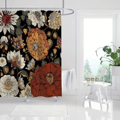 Vibrant floral shower curtain with bold black background, perfect for modern bathroom decor, featuring large orange, beige, and white flowers with intricate details.