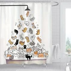 Cute cat shower curtain with playful illustrations of cats in various colors and poses, perfect for cat lovers and adding a fun touch to bathroom decor.