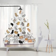 Playful cat-themed shower curtain with multiple illustrated cats and bubbles, perfect for pet lovers and adding charm to bathroom decor.