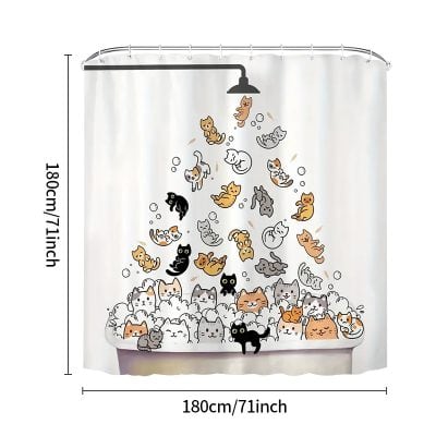 Cute cat shower curtain with playful kittens, colorful feline bathing scene, bathroom decor, waterproof fabric, washable, Monalisa Medical style, perfect for cat lovers and home decor enthusiasts.
