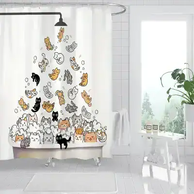 Fluffy cat shower curtain with colorful illustrated cats catching bubbles in bathroom, playful and vibrant design, perfect for cat lovers and adding fun to shower or bathtub area.