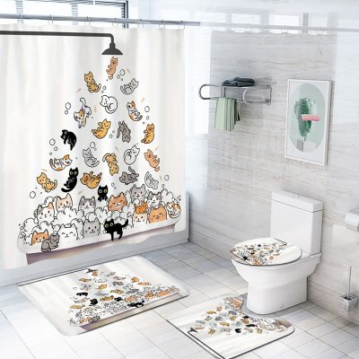 Colorful cartoon cat shower curtain and matching bathroom mat set in a modern white tiled bathroom. Playful feline designs add charm and personality to the bathroom decor.