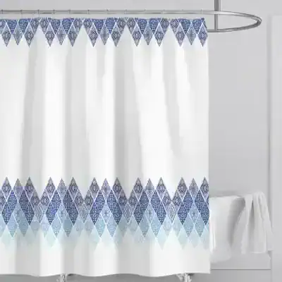 Luxury embroidered white shower curtain with blue geometric patterns, waterproof bathroom decor, Monalisa Store.
