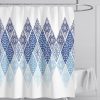 Elegant geometric patterned shower curtain in blue and white, ideal for bathroom decor and privacy. Perfect for modern and stylish bathroom spaces.