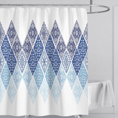 Elegant geometric patterned shower curtain in blue and white, ideal for bathroom decor and privacy. Perfect for modern and stylish bathroom spaces.