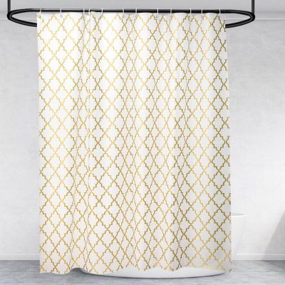Luxurious shower curtain with gold geometric pattern, perfect for modern bathrooms, adding elegance and style to your space. Suitable for home or professional spa settings.