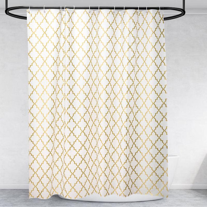 Luxurious shower curtain with gold geometric pattern, perfect for modern bathrooms, adding elegance and style to your space. Suitable for home or professional spa settings.