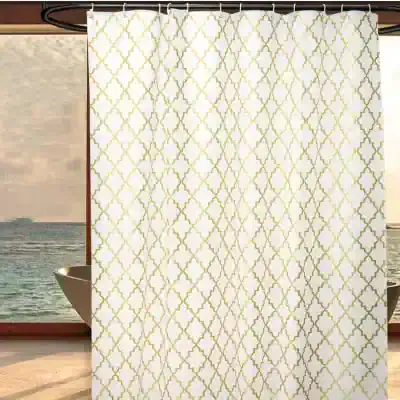 Luxurious white and gold patterned shower curtain, ideal for enhancing bathroom decor, available at Monalisa Store for modern home interiors.