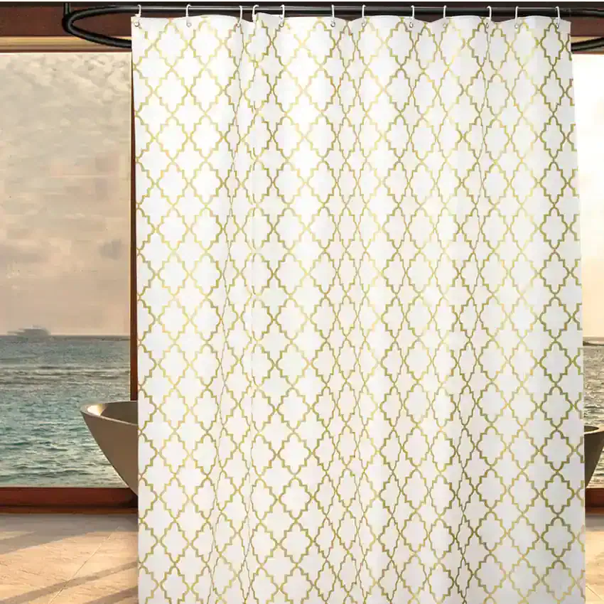 Luxurious white and gold patterned shower curtain, ideal for enhancing bathroom decor, available at Monalisa Store for modern home interiors.