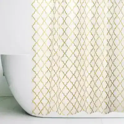 Gold and white geometric patterned shower curtain for bathroom decor.