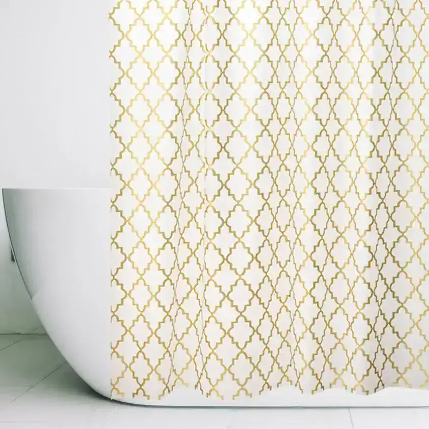 Gold and white geometric patterned shower curtain for bathroom decor.