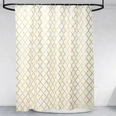 Luxury shower curtain with gold geometric pattern, modern bathroom decor, Monalisa Store, elegant and stylish waterproof shower curtain for bathroom upgrades.