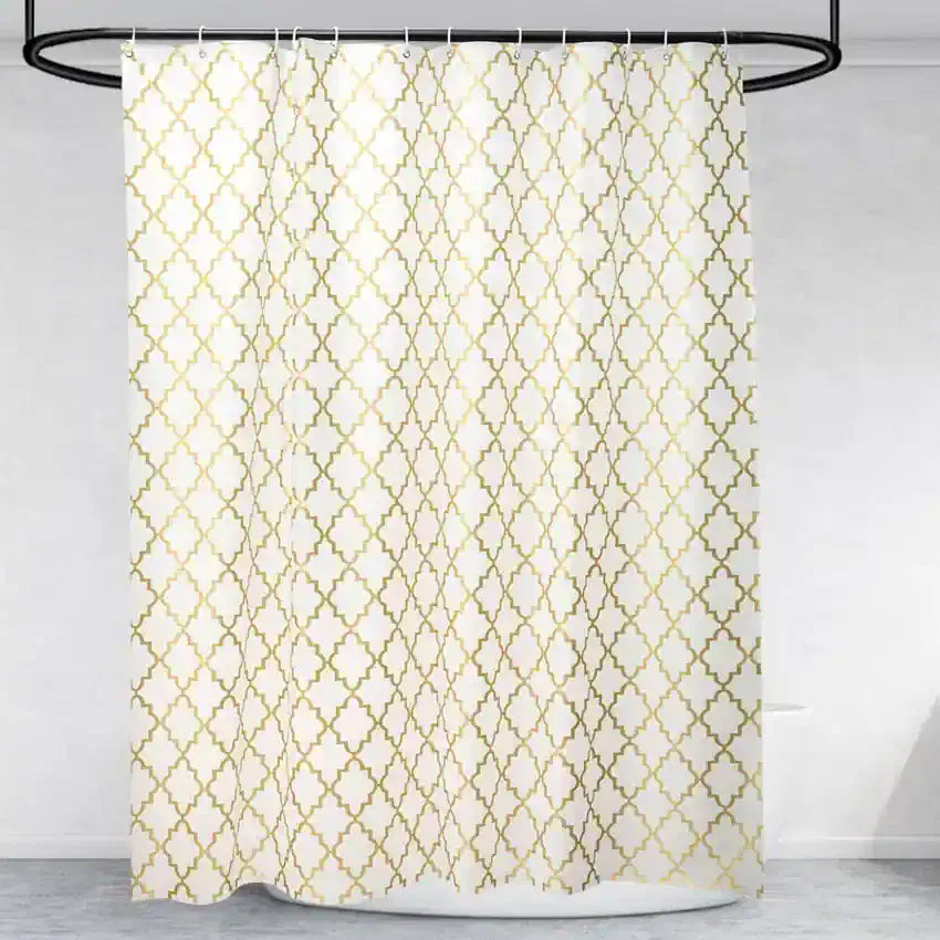 Luxury shower curtain with gold geometric pattern, modern bathroom decor, Monalisa Store, elegant and stylish waterproof shower curtain for bathroom upgrades.