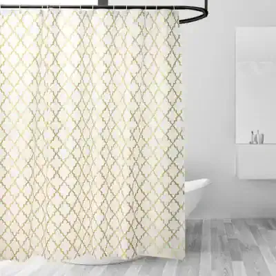 Gold and white geometric shower curtain with Moroccan-inspired pattern for modern bathroom décor.