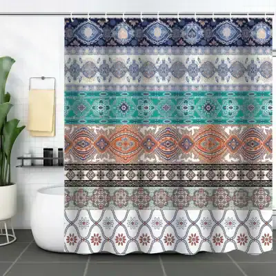 Vibrant bohemian-style bathroom shower curtain with intricate patterns, colorful geometric designs, and floral motifs, perfect for adding a touch of elegance and style to a bathroom decor.