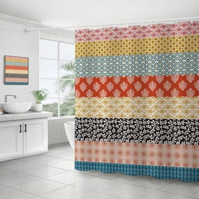 Modular fabric shower curtain with colorful patterns, ideal for bathroom decor, combining style and functionality, Monalisa Store.