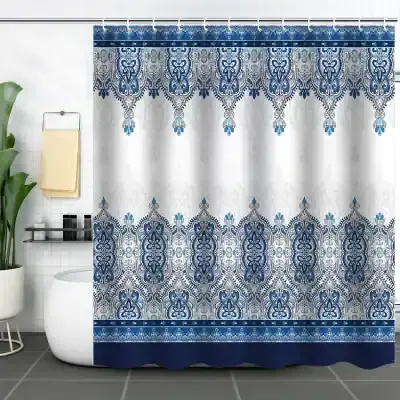 Blue and white patterned bathroom shower curtain with intricate design, perfect for enhancing bathroom decor. Elegant and durable fabric for a stylish bathroom upgrade.