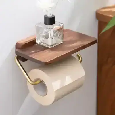Luxury monochrome bathroom toilet paper holder with wooden shelf and glass perfume dispenser for modern home decor.