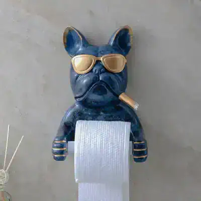 French bulldog toilet paper holder with sunglasses and a cigar, stylish pet-themed bathroom decor.