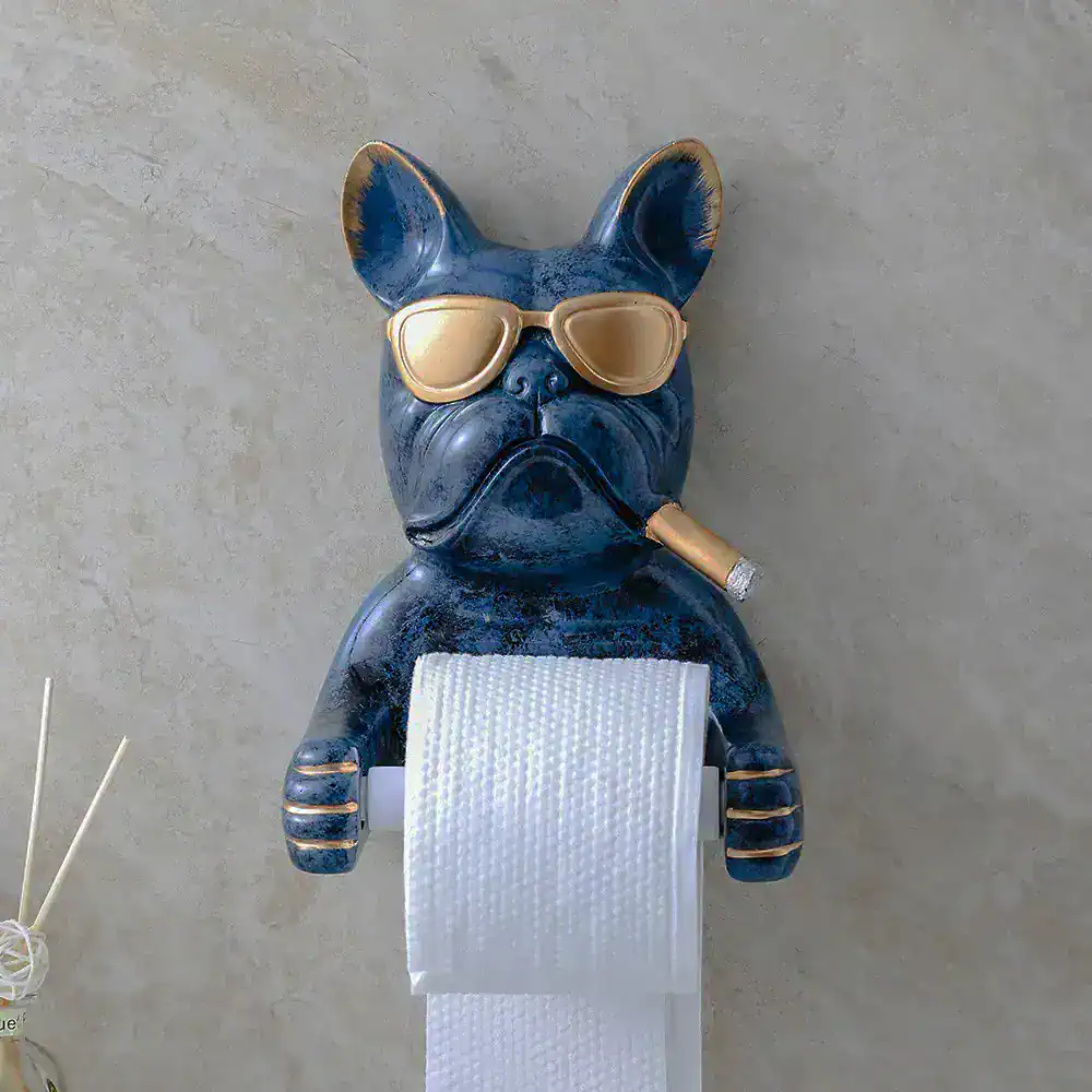 French bulldog toilet paper holder with sunglasses and a cigar, stylish pet-themed bathroom decor.