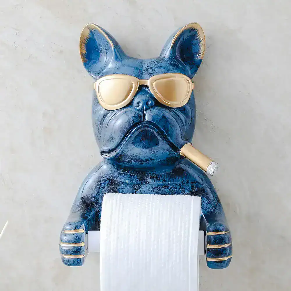 A stylish French Bulldog sculpture wearing sunglasses and smoking a cigar, representing modern dog decor and luxury home accents.