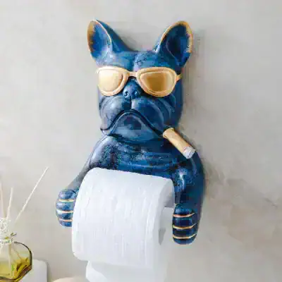 Utility bathroom tissue holder in the shape of a stylish French bulldog figure, featuring accessories like sunglasses and a cigarette, perfect for modern spa or opt clinics decor.