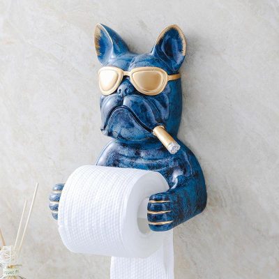 Vivid blue bulldog figurine with sunglasses and cigar holding toilet paper roll, decorative bathroom wall art, modern pet-themed decor, Monalisa Medical store featured item.