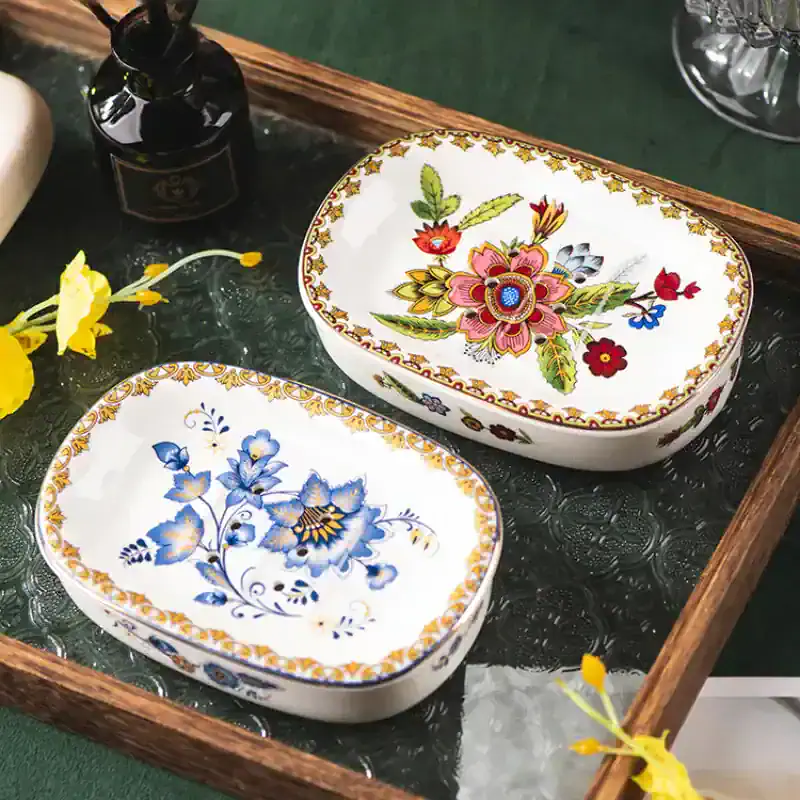 Vivid floral patterned ceramic jewelry boxes with intricate designs, perfect for storage and decorative purposes at Monalisa Medical Store.