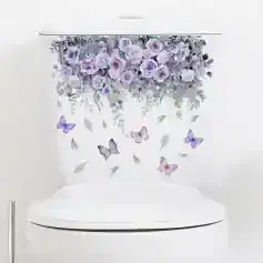 Violet floral and butterfly design sticker for toilet privacy, bathroom decor, and home accessories, featuring elegant purple roses and butterflies for a feminine and calming environment.
