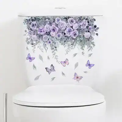 Violet floral and butterfly design sticker for toilet privacy, bathroom decor, and home accessories, featuring elegant purple roses and butterflies for a feminine and calming environment.