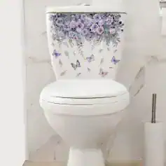 Butterfly floral design on white toilet tank with purple roses and butterflies decor, Monalisa Store bathroom accessories, elegant bathroom decor, floral toilet tank art, modern bathroom design.