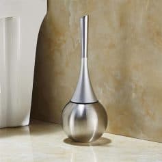 Brushed stainless steel plunger and toilet brush holder set displayed on bathroom countertop, elegant storage for hygiene essentials.
