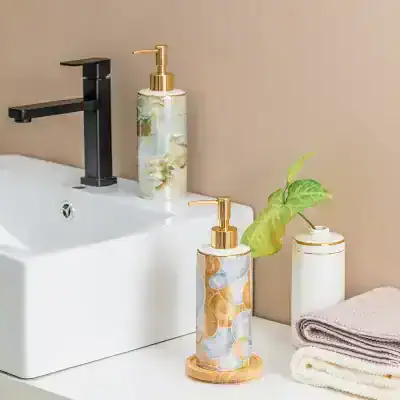 Elegant soap dispensers with marble design for bathroom decor and hygiene essentials at Monalisa Store.