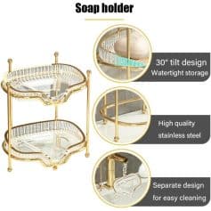 Elegant gold and glass soap holder with 30° tilt design, watertight storage, high-quality stainless steel construction, and easy-to-clean separate compartments for modern bathroom organization.