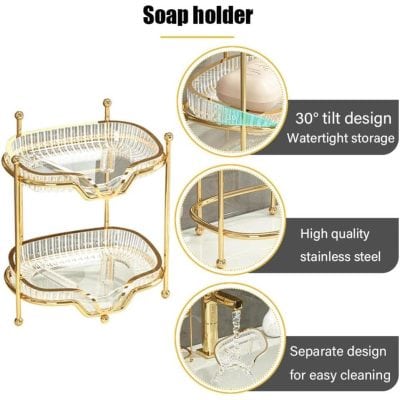 Elegant gold and glass soap holder with 30° tilt design, watertight storage, high-quality stainless steel construction, and easy-to-clean separate compartments for modern bathroom organization.