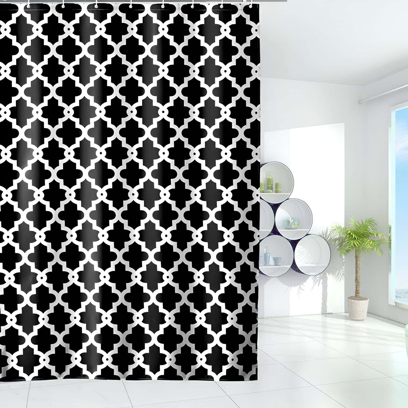 Black and white geometric patterned shower curtain at Monalisa Store, perfect for modern bathroom decor. Stylish and functional, enhancing your space with contemporary design.