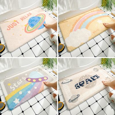 Just Relax space-themed door mats, colorful rainbow, cloud, and star designs, perfect for adding fun and comfort to home entrances. Made of soft, durable material, ideal for children’s rooms or playful decor.