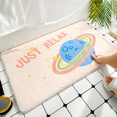 Cosmetic store rug with space-themed design and "Just Relax" message, ideal for spa, beauty, or opt shop decor.