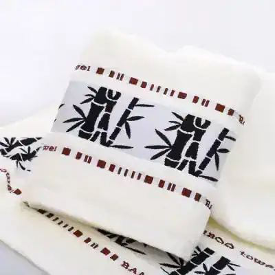 Silk white towels with black bamboo print, luxury bathroom accessories for home spa, Monalisa Medical quality bath towels.
