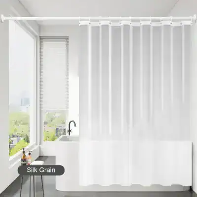 Silk Grain white shower curtain with a modern bathroom setup, featuring a large window and city view, ideal for bathroom decor and interior design enthusiasts.