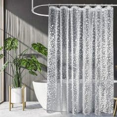 Shower curtain with glittering bubble pattern, modern bathroom decor, elegant transparent fabric, suitable for home or spa, enhances bathroom aesthetic and privacy.
