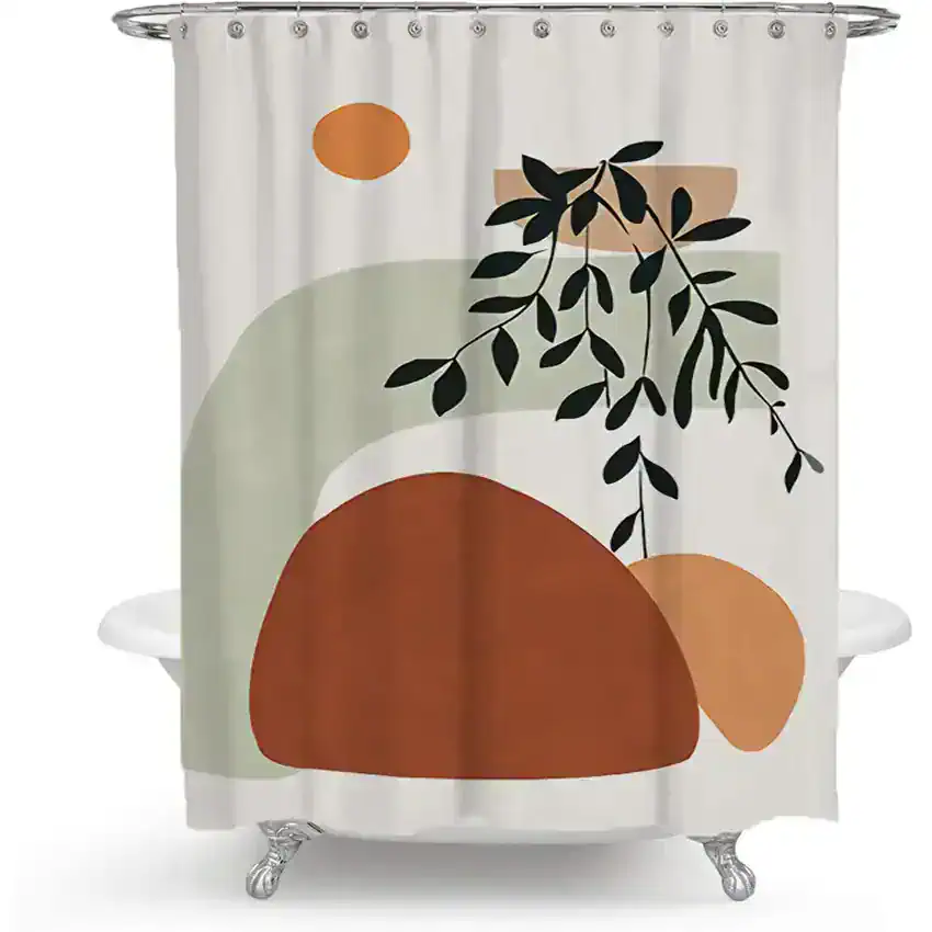 Vivid botanical shower curtain with abstract earthy shapes and black leafy accents, ideal for modern bathrooms, showcasing stylish design and durability for home or spa use.
