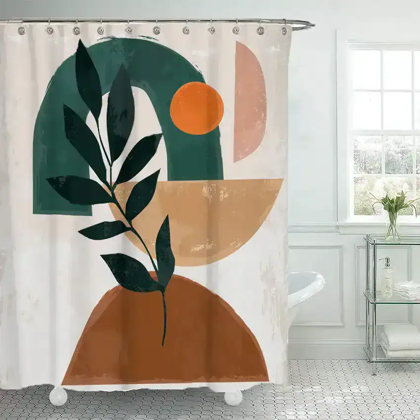 Modern bathroom shower curtain with abstract botanical art design, geometric shapes, earthy tones, and minimalist decor for stylish home renovation.