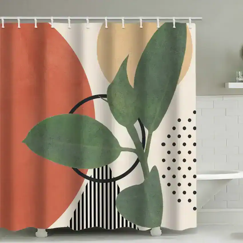 Green plant print shower curtain with bold geometric patterns for modern home decor.