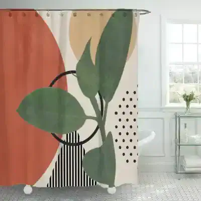 Vibrant botanical shower curtain with modern abstract design featuring large green leaves, geometric shapes, and bold patterns, perfect for stylish bathroom decor.