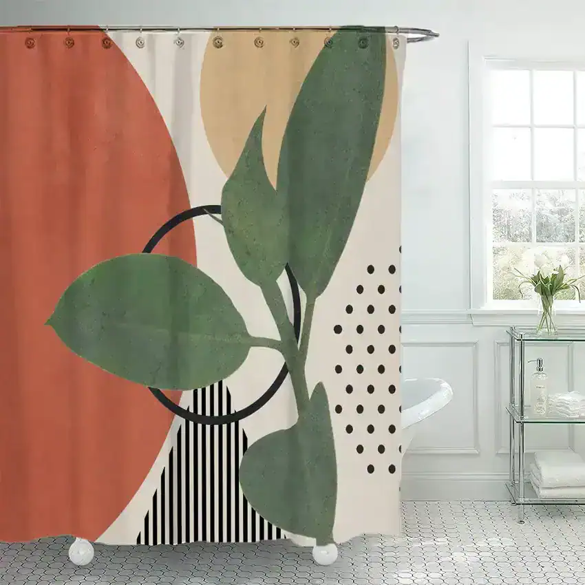 Vibrant botanical shower curtain with modern abstract design featuring large green leaves, geometric shapes, and bold patterns, perfect for stylish bathroom decor.