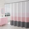 Curtain with geometric wave pattern in pink, white, and black, designed for optometry clinics and eyewear stores, enhancing aesthetic and privacy in modern optical retail spaces.