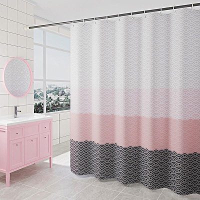 Curtain with geometric wave pattern in pink, white, and black, designed for optometry clinics and eyewear stores, enhancing aesthetic and privacy in modern optical retail spaces.