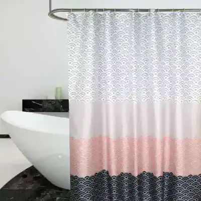 Luxury shower curtain with geometric waves in white pink and black, perfect for modern bathroom decor, stylish and waterproof, from Monalisa Store.